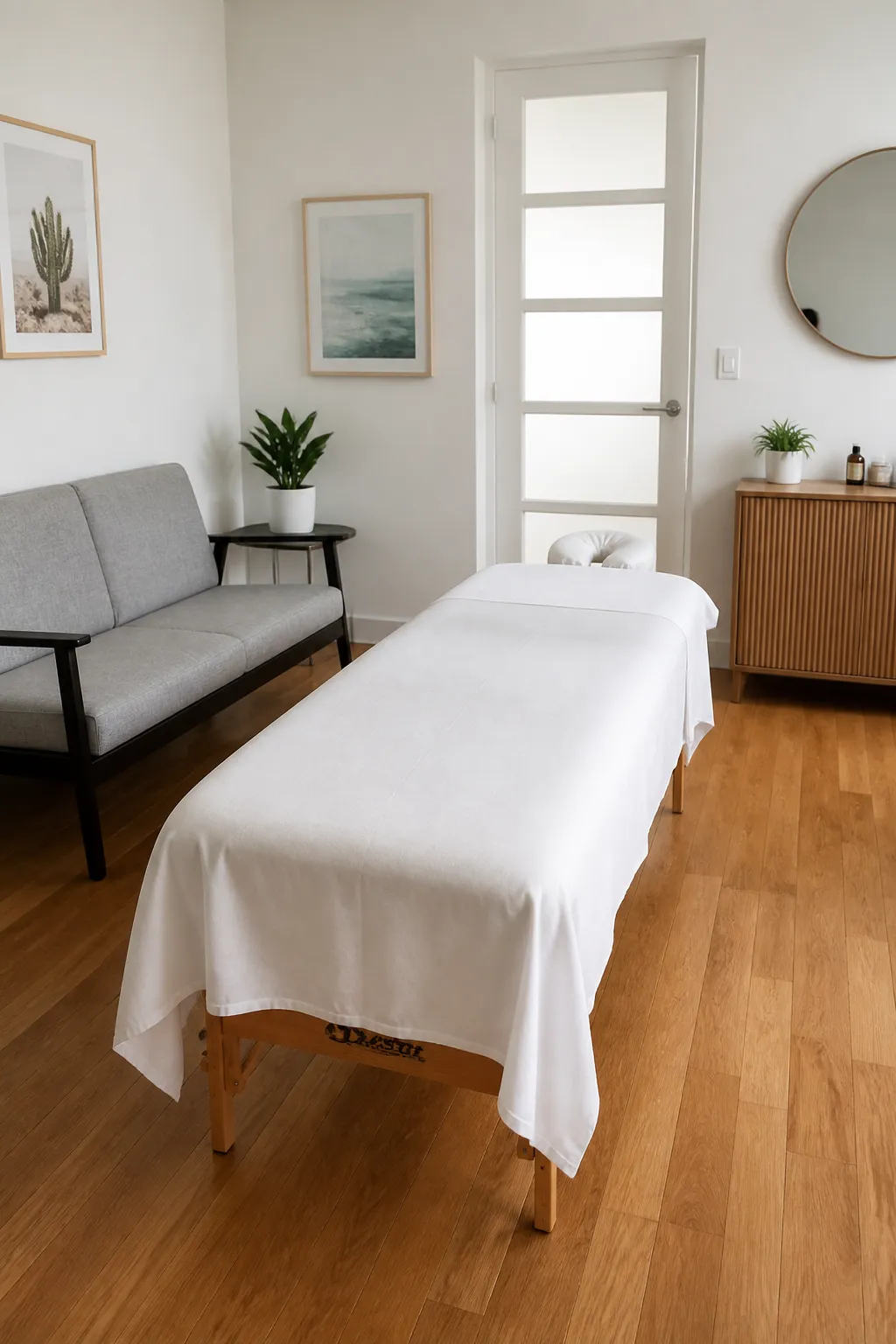 Behandlungsraum mit Massageliege und warmem Licht